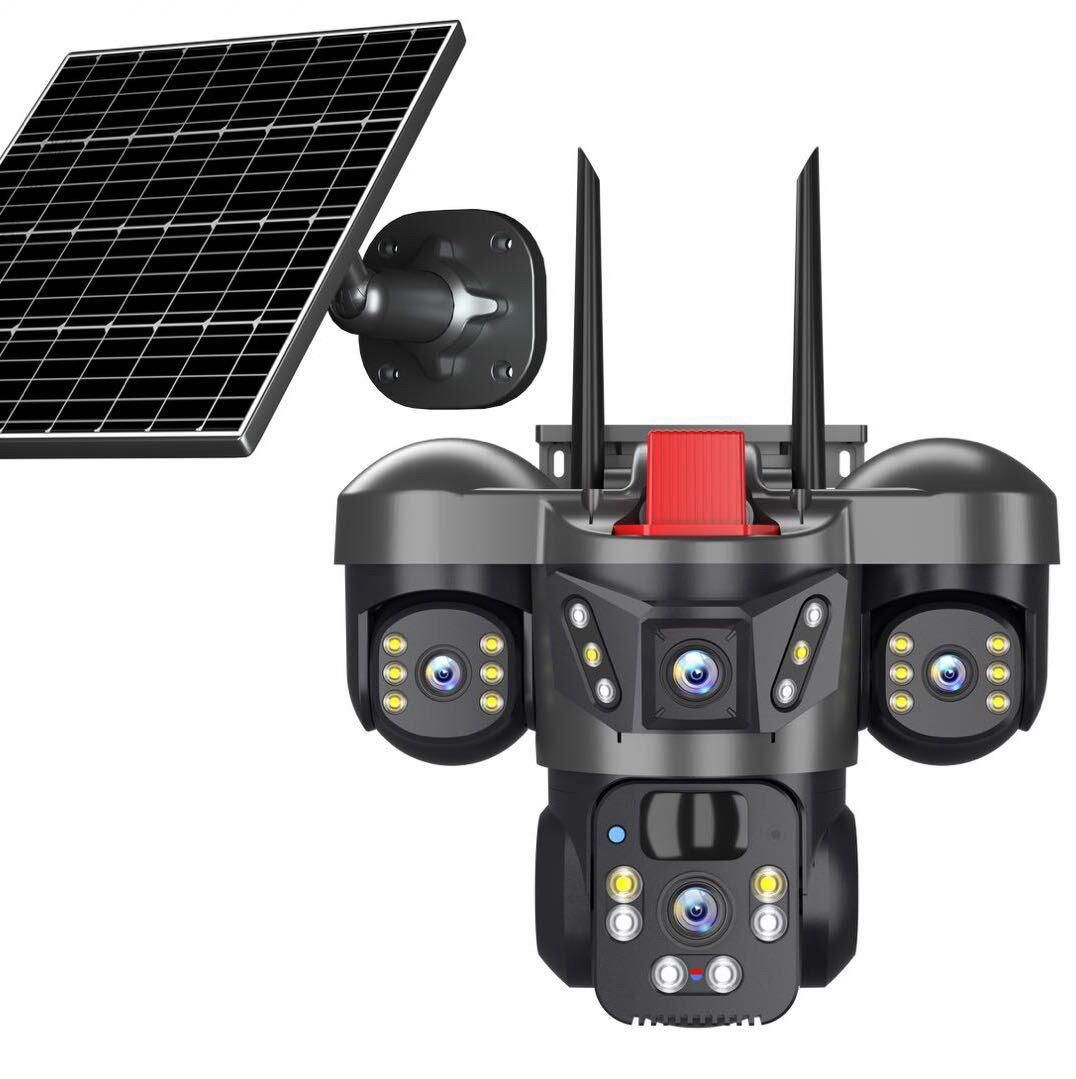 Solar powered multi-lens outdoor security camera with panel