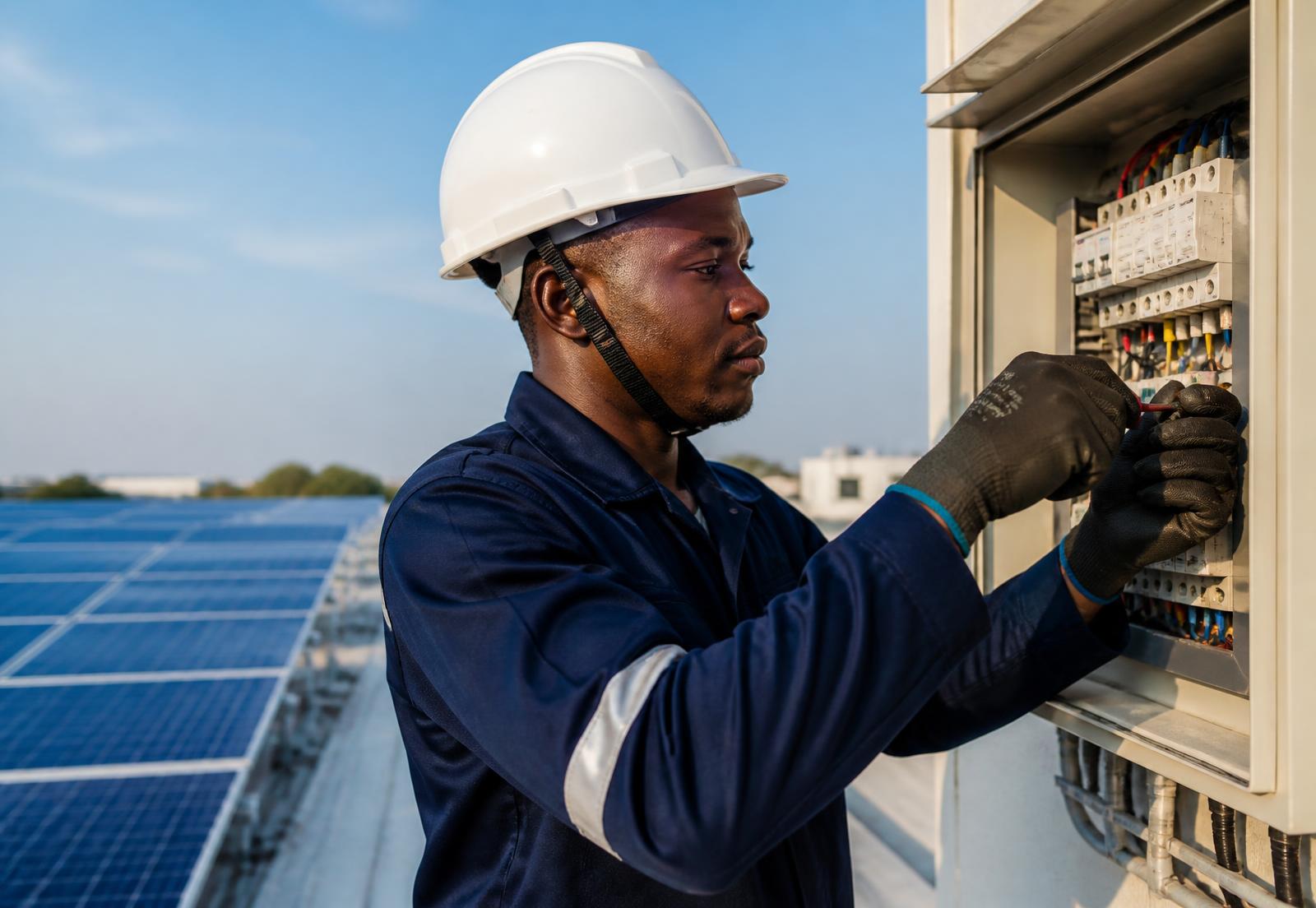 Rooftop solar panel array and a certified electrician working on a distribution panel